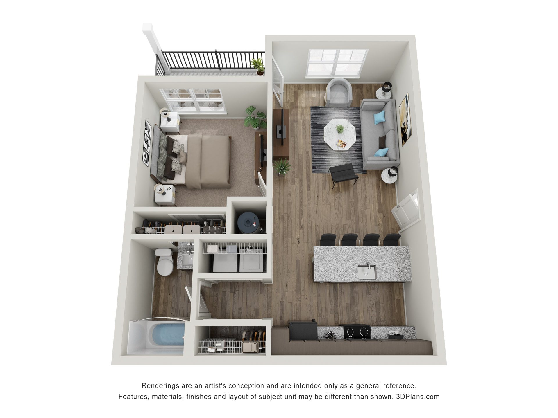 A 3D floor plan of a small apartment with a kitchen, living room, and bedrooms.